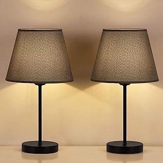 LIANTRAL Bedside Table Lamps Set of 2, Modern Small Desk Lamp with Grey Fabric Shades & Black Metal Frame for Bedroom, Living Room, Office