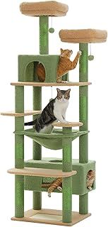 PAWZ Road Cat Tree for Large Cats 184cm, 6.1ft Large Cat Tower with Sisal-Covered Scratching Posts and Pads, 2 Padded Perch, Dual Condo and Basket for Indoor Cats-Green, 72.4 Inches