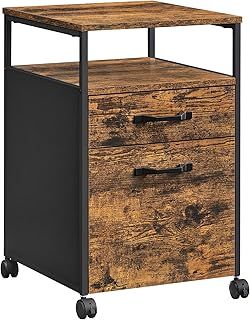VASAGLE Mobile File Cabinet with 2 Drawers, Letter-Size Hanging File Folders, Open Shelf, Steel Frame, Rustic Brown and Ink Black OFC71X