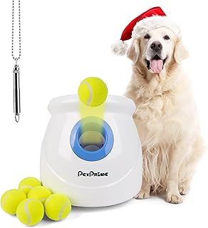 pet prime Automatic Dog Ball Launcher, Dog Interactive Fetch Toy with 10-40 Ft, Max Dog Tennis Ball Throwing Machine for Large Size Dogs, With 6 PCS 2.5" Tennis Balls And a Training Whistle