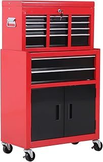 HOMCOM Tool Chest, Metal Tool Cabinet on Wheels with 6 Drawers, Pegboard, Top Chest and Roller Cabinet Combo, 61.6 x 33 x 108cm, Red and Black