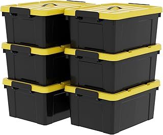 35L*6 Storage Boxes, Plastic Storage Box with Lids, Handle and Latching Buckles for Tool Outdoor Garden Garage Home, Durable, Heavy Duty, Stackable, Nesting, Black and Yellow, 35L(6 Pack)