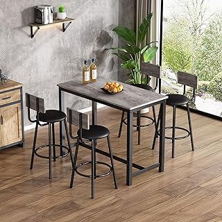 Breakfast Bar Table and Stools Set, Modern Counter Height Dining Room Sets, Stylish Bar Table and 4 Breakfast Bar Chairs with Soft Cushion, Stylish Table and Chairs Set, Black+Grey