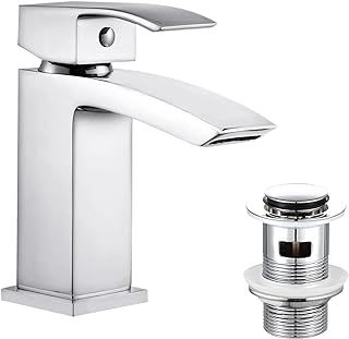 Basin Taps Waterfall with Pop up Waste Slotted Square Bathroom Sink Mixer Tap with G1/2 UK Standard Hoses Single Lever Mono Monobloc Modern Cloakroom Faucet 1 Hole