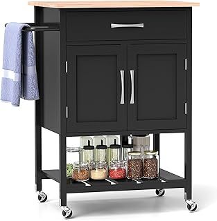 Kitchen Island on Wheels, Rolling Kitchen Trolley with 2-Door Cabinet, Drawer, Open Shelf, Rubber Wood Top & Towel Rack, Utility Serving Trolley Cart for Home Bar Dinning Living Room (Black)