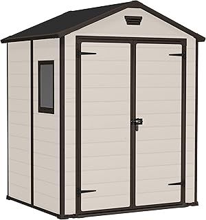 Keter Manor Outdoor Apex Double Door Garden Storage Shed 6 x 5ft Beige Brown Wood effect | Fade Free | All Weather Resistant | Safe and Secure | Zero Maintenance | 15 year Warranty