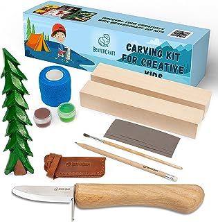 BeaverCraft Wood Carving Kit for Beginner DIY 08 - Whittling Kit for Kids - Wood Carving Tools Set Includes Chisel, Basswood Blocks - Hobby Gift