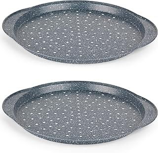 Russell Hobbs Nightfall Stone Set of 2 Large Pizza Trays - 14.5" Pizza Pans, Non-Stick Round Baking Trays, Carbon Steel, PFOA Free, Perforated Base for Crispy Cooking, Ideal for Pizza's, Garlic Bread