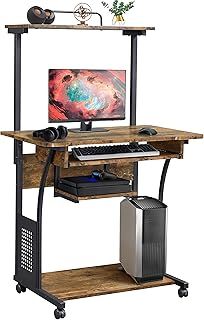 Yaheetech 3 Tier Computer Desk with Printer Shelf and Keyboard Tray, Home Office Desk Computer Workstation Rolling Study Desk PC Laptop Table for Small Spaces Rustic Brown