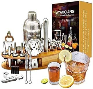 Cocktail Shaker Set with Stand,Cocktail Set for Beginer,750ml Stainless Steel Shaker for Cocktail,Home Bar Cocktail Tool Kit with Bamboo Display Stand