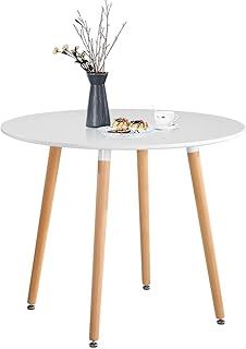 GOLDFAN Round Dining Table Modern High Gloss Kitchen Table with Solid Wood Legs 80cm Small Office Table for Dining Room Living Room Cafe Indoor Furniture,White