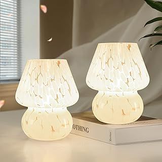 Mushroom Lamp, Bedside Table Lamp Set of 2, Small Glass Lamp for Bedroom Living Room, Murano Aesthetic, White