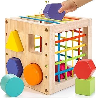 Winique Wooden Shape Sorter Cube, Montessori Toys for 1 Year Old, 8pcs Colorful Multisensory Shapes, Developmental Learning Toy for Baby Girls Boys, 1st Birthday Toys (SC21)