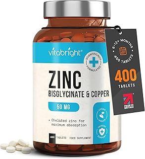 Zinc Supplements with Copper 50mg Daily | 400 Zinc Tablets - 6+ Months | Zn Bisglycinate for Men & Women | High Absorption, High Strength Zink and Copper Supplement | VitaBright - Made in UK