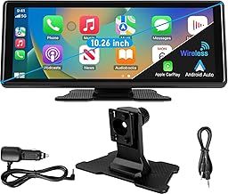 Portable Car Stereo, Wireless Apple Carplay & Android Auto, 1080P HD Touch Screen Radio with BT 5.0, Mirror Link Support Truck & RV Dash Mount (7 Inch + Camera)