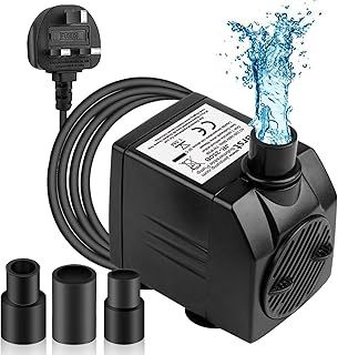 350L/H Submersible Pump - Ultra Quiet Water Pump (7W) with 4 Strong Suction Cups and 3 Nozzles - for Aquariums, Ponds, Hydroponics, Water Fountains