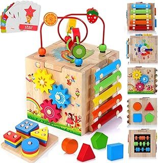 Wooden Activity Cube Baby Toys, 8-in-1 Montessori Educational Toy Set, Bead Maze Shape Sorter Abacus Xylophone Words & Clock Learning, STEM Toys for Boys Girls Toddlers Age 18 Months and up