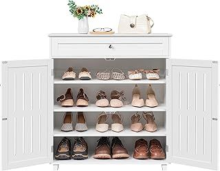 Yaheetech Shoe Cabinet, Wooden Storage Cabinet Organizer with 1 Drawer & 2 Doors, Modern 4-Tier Shoe Rack with Adjustable Shelves for Living Room, Hallway, Bedroom, White