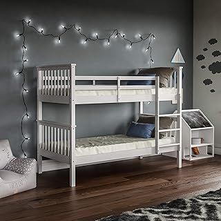 Vida Designs Milan Bunk Bed With Ladder, Kids Twin Sleeper, Solid Pine Wood Frame, Children's, Single 3 Foot, White