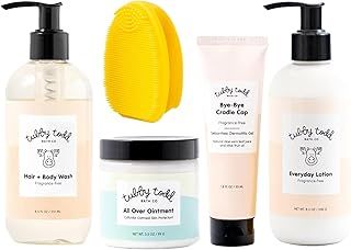 TUBBY TODD Baby Cradle Cap Solution - The Bye-Bye Cradle Cap Kit - Cradle Cap Gel 1.8 Oz, Shampoo + Body Wash 8.5 Oz, Lotion 8.5 Oz, All Over Ointment 3.5 Oz, & Cradle Cap Brush - Fragrance-Free