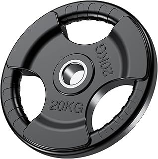 Olympic Weight Plates with Rubber Finish 2’’ Opening and Tri-Grips, Black Barbell Plates Discs for Lifting and Strength Training, Solid Cast Iron Core Weights Set for Barbell, 1.25kg - 20kg