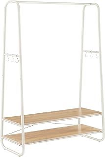 VASAGLE Clothes Rail, Clothes Rack with 2 Shelves, 6 S-Shaped Hooks, Steel Frame, for Bedroom, Oak and Cream White RGR112W09