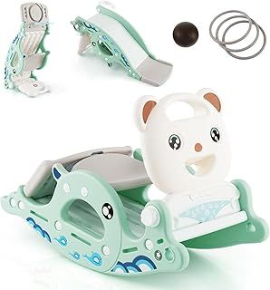 Kids Rocking Horse, 4 in 1 Toddler Freestanding Slide with Basketball Hoop & Ring Game, Indoor Rocking Toy Children Slide for 1-4 Years Old Boys Girls (Pink)