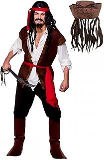 Adult Mens Caribbean Captain Jack Pirate Fancy Dress Costume + Hat With Hair & Beads (Men: Medium)