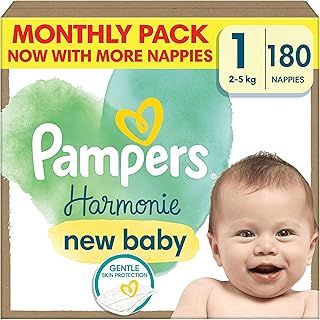 Pampers Harmonie Nappies Size 1, 180 Nappies, 2kg-5kg, Monthly Pack, Gentle Skin Protection with 100 Percent Pampers Protection