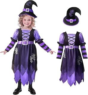 Witch Costume Kids, Halloween Costumes for Kids, Halloween Carnival Party Hocus Pocus Costume, Purple Witch Costume with Witch Hat, Fairytale Magic Deluxe Fancy Dress Outfit for Kids Girls