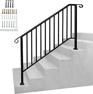 Outdoor Handrails for Stairs, Wrought Iron Hand Rails Stairs for Outdoor Steps Handrail Stair Railing Handrail for Cross Bar Stairs Hand Rails Outside Steps Black Railing (4 Steps)