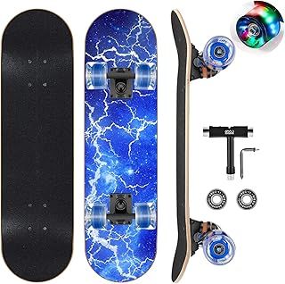 Skateboards with Colorful Flashing Wheels for Beginners,Kids,Teens,Adults,Complete Standard Skate Boards 9 Layer Canadian Maple Deck Concave Skateboard