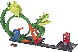 Hot Wheels Track Set with 1:64 Scale Toy Firetruck, City Fire Station with Dragon Nemesis and Track Play, Dragon Drive Firefight, HDP03