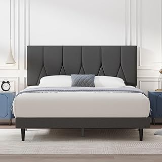Double Bed Frame, Dark Grey, Upholstered Wooden Slat Bed Frame with Headboard, Easy Assembly, Underbed Storage, No Box Spring Needed 135×190