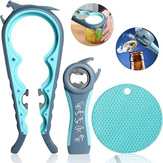 Jar Opener for Weak Hands, Seniors with Arthritis, 5 in 1 Multi Function Bottle Opener Lid Opener for Arthritic Hands with Non Slip Rubber (Blue)