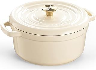 Overmont 26cm Enameled Cast Iron Dutch Oven - 5L Pot with Functional lid Cookbook & Cotton Potholders - Oven Safe up to 500° F, Sturdy Cookware for Braising, Stews, Roasting, Bread Baking, White