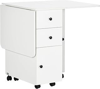 HOMCOM Folding Dining Table for 4-6, Rolling Drop Leaf Table with Storage Drawers, Cabinet and Open Shelf, Extendable Kitchen Table on Wheels, White