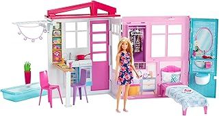 Barbie Doll and Dollhouse, Portable 1-Story Playset with Pool and Accessories, for 3 to 7 Year Olds, GWY84