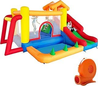 Bouncy Castle, Inflatable Bounce Castle House with Slide, Trampoline, Ball Pit, Football Goal, Climbing Wall and Basketball Hoop, Inflatable Slide with Air Blower for Kids Indoor Outdoor