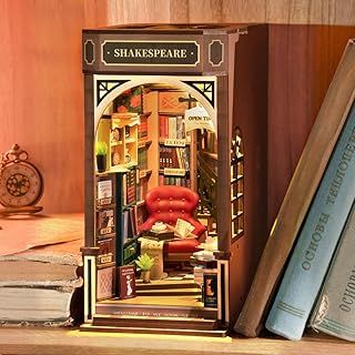 Rolife Book Nook Kits for Adults Shakespeare Bookstore DIY Miniature Kit with LED Light for Desk Library Bookshelf Decoration 3D Wooden Puzzle Booknook Model Kits for Adults to Build (TGB07)