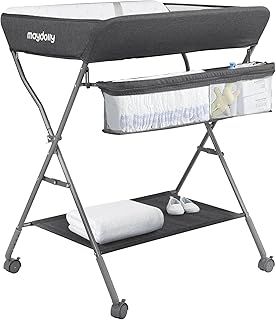 Maydolly Baby Changing Table with Wheels, Portable Adjustable Height Folding Diaper Station with Nursery Organizer & Storage Rack for Newborn Baby and Infant(Darkgrey)