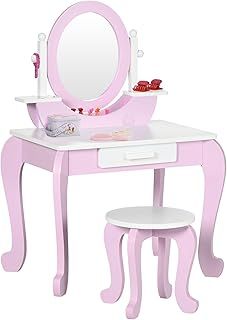Kids Dressing Table, Kids Vanity Set, Girl Makeup Desk w/Mirror, Stool, Drawer, for Ages 3-6 Years - Pink