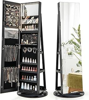 3-in-1 Jewellery Cabinet, 360° Swivel Jewelry Armoire with Full-Length Mirror & 3-Color LED Lights, Lockable Cosmetic Storage Organizer for Dressing Room Living Room Bedroom (Rustic Brown)