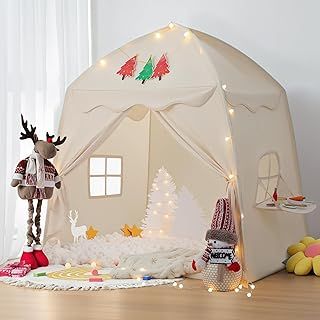besrey Kids Play Tent Indoor/Outdoor - XXL Kids Playhouse with Banner & Lights, Spacious Indoor Tent for Kids, Children's Tent, Princess Tent, Bed Tent in beige