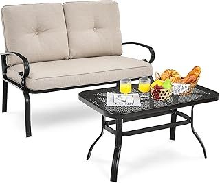 COSTWAY Outdoor Loveseat Bench, 2-Seater Garden Furniture Set with Coffee Table and Cushions, Metal Frame Patio Sofa Table Set for Balcony Backyard Lawn Poolside (Beige)