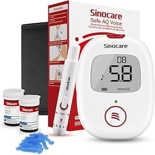 sinocare Diabetes Testing Kit / Blood Glucose Monitor Safe AQ Voice / Glucometer with Voice Reminder and Light Warning, with Blood Sugar Test with Strips x 50 & Case -in mmol/L