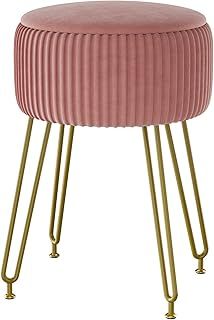 Velvet Storage Footrest Stool Ottoman, Makeup Vanity Stool Side Table with Golden Steel Legs Removable Cover, Coffee Table Top Cover, Pink L/G-20P