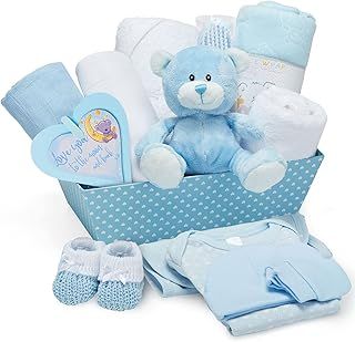 Baby Box Shop - 17 Baby Boy Gifts Newborn Ideal Christenings with New Baby Essentials for Newborn Boy and Plush Blue Teddy Bear