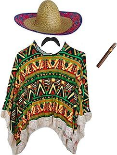 Adults Mens Womens Mexican Fancy Dress Costume Poncho Moustache Sombrero Day of the Dead Halloween Outfit