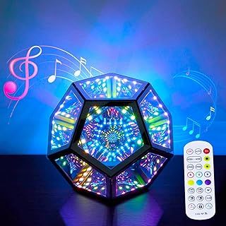Remote Control Infinity Dodecahedron Light with Voice Control 3D Mirrror Tunnel Light Color Art Game Light Multicolor Decorative Lamp Cube RGBW Color Changing Night Lighting (USB Powered)